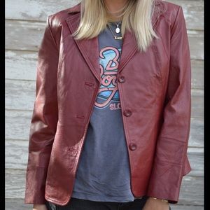 70’s retro vibe Red genuine leather blazer jacket
